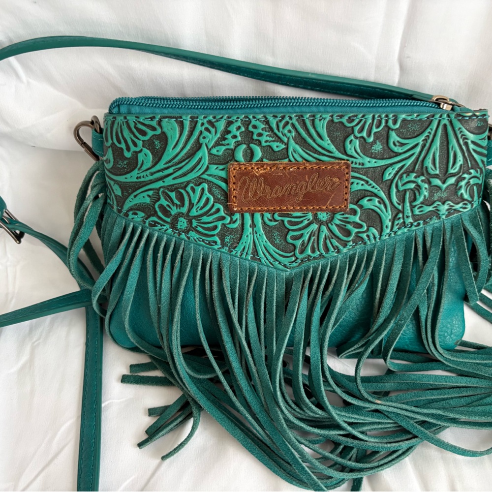 Wrangler Turquoise Floral Crossbody Bag with Fringe